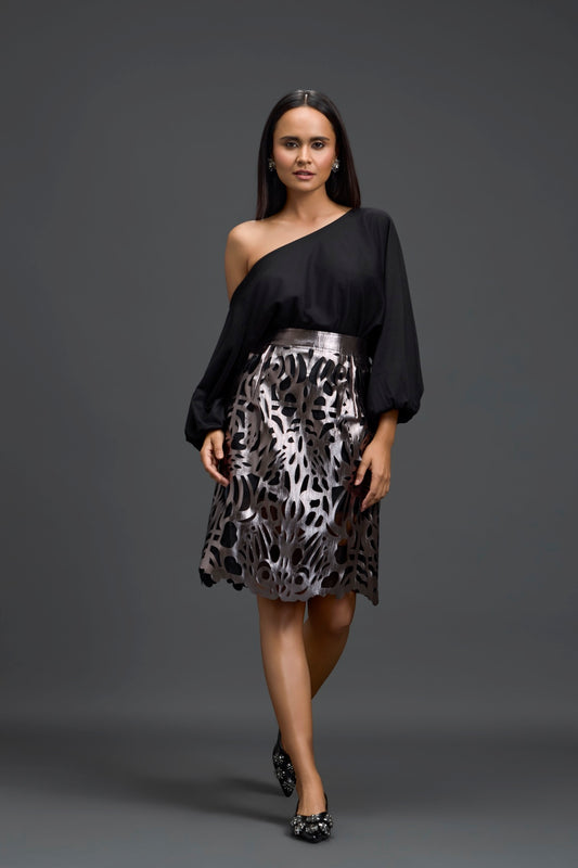Black Off-Shoulder Top and Gunmetal Cutwork Skirt Set