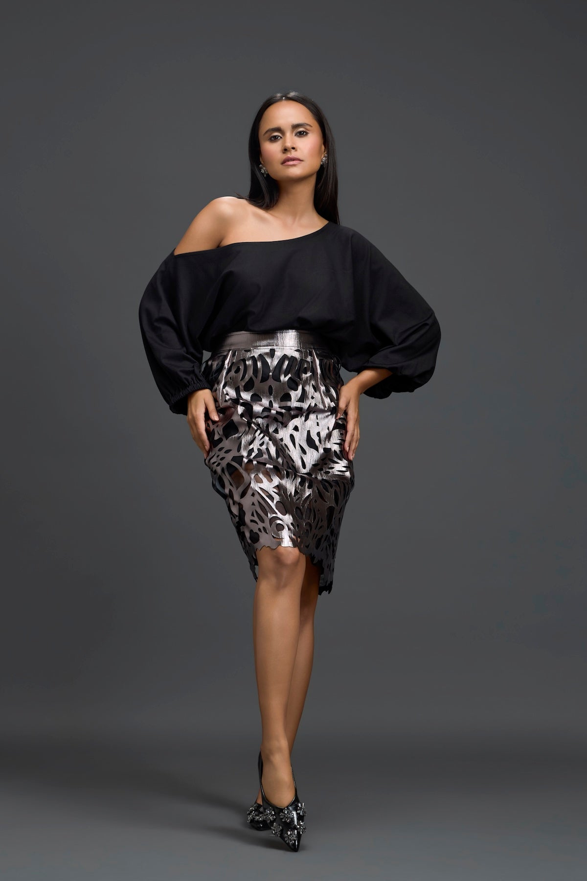Gunmetal Laser Cutwork Skirt