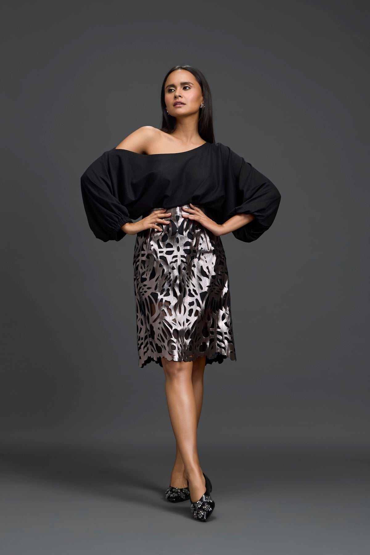 Black Off-Shoulder Top and Gunmetal Cutwork Skirt Set