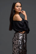 Load image into Gallery viewer, Black Off-Shoulder Top and Gunmetal Cutwork Skirt Set
