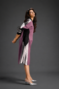 Load image into Gallery viewer, Statement Colourblock Midi Dress In Pink With Contrast Metallic Silver Side Panels And Balloon Sleeves

