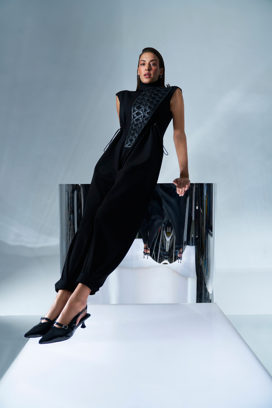 Black High-Neck Jumpsuit with Woven Leather Panel
