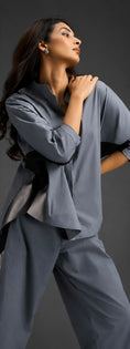 Load image into Gallery viewer, Relaxed Cool Grey Co-ord With Loose-fit Dramatic-sleeve Shirt And Wide-leg Pants With Metallic Side Panels.
