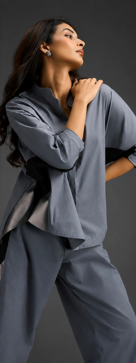 Relaxed Cool Grey Co-ord With Loose-fit Dramatic-sleeve Shirt And Wide-leg Pants With Metallic Side Panels.