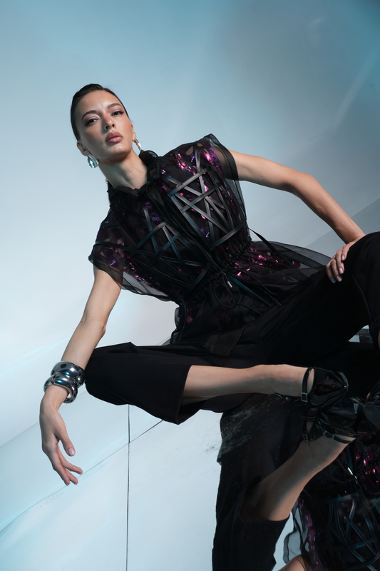 Black Organza Top with Pink Motifs