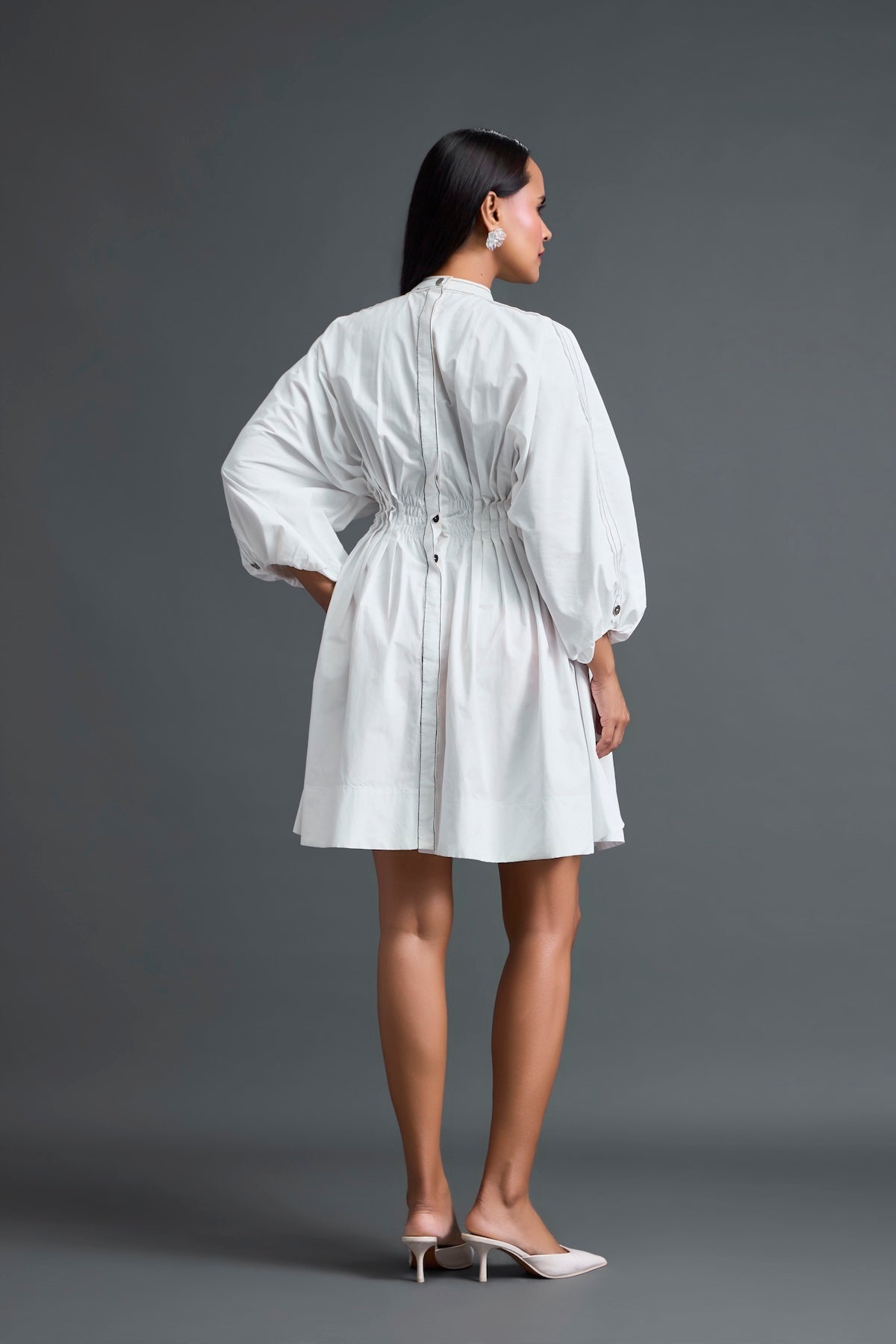 White Gathered Dress with Metallic Patch