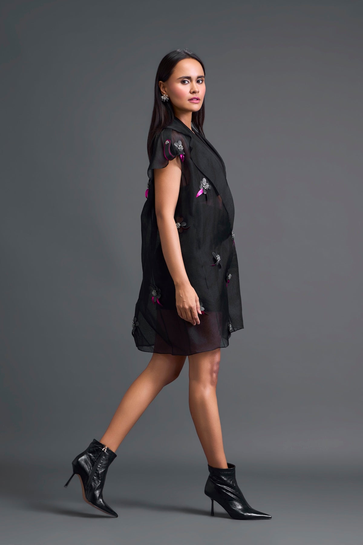 Black Floral Organza Blazer Dress Three-Piece Set