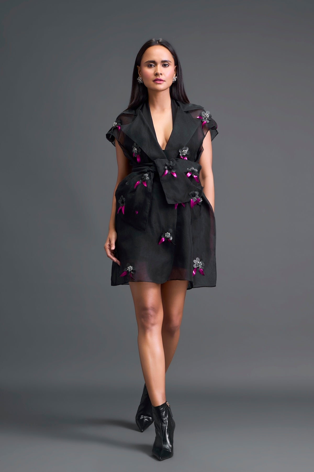 Black Floral Organza Blazer Dress Three-Piece Set
