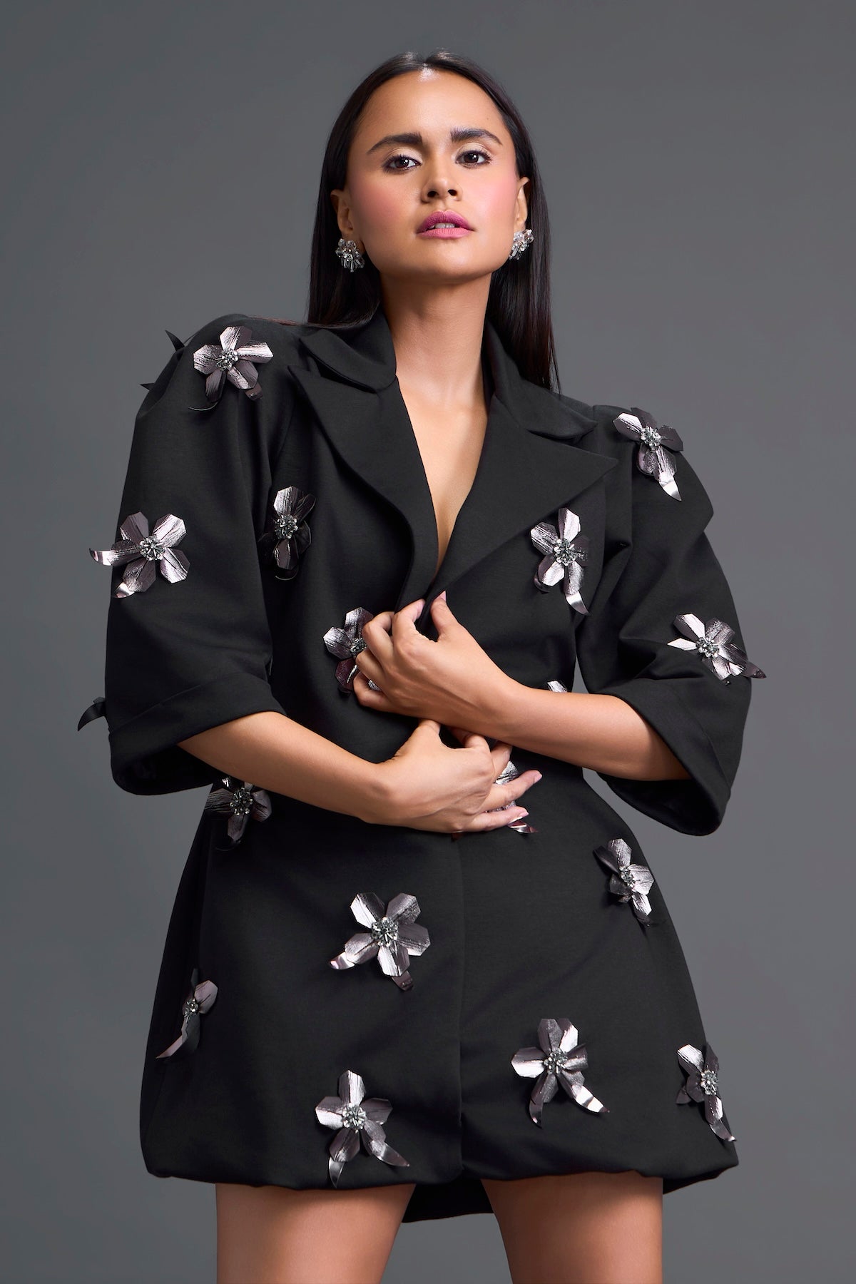 Black 3D Floral Blazer Dress