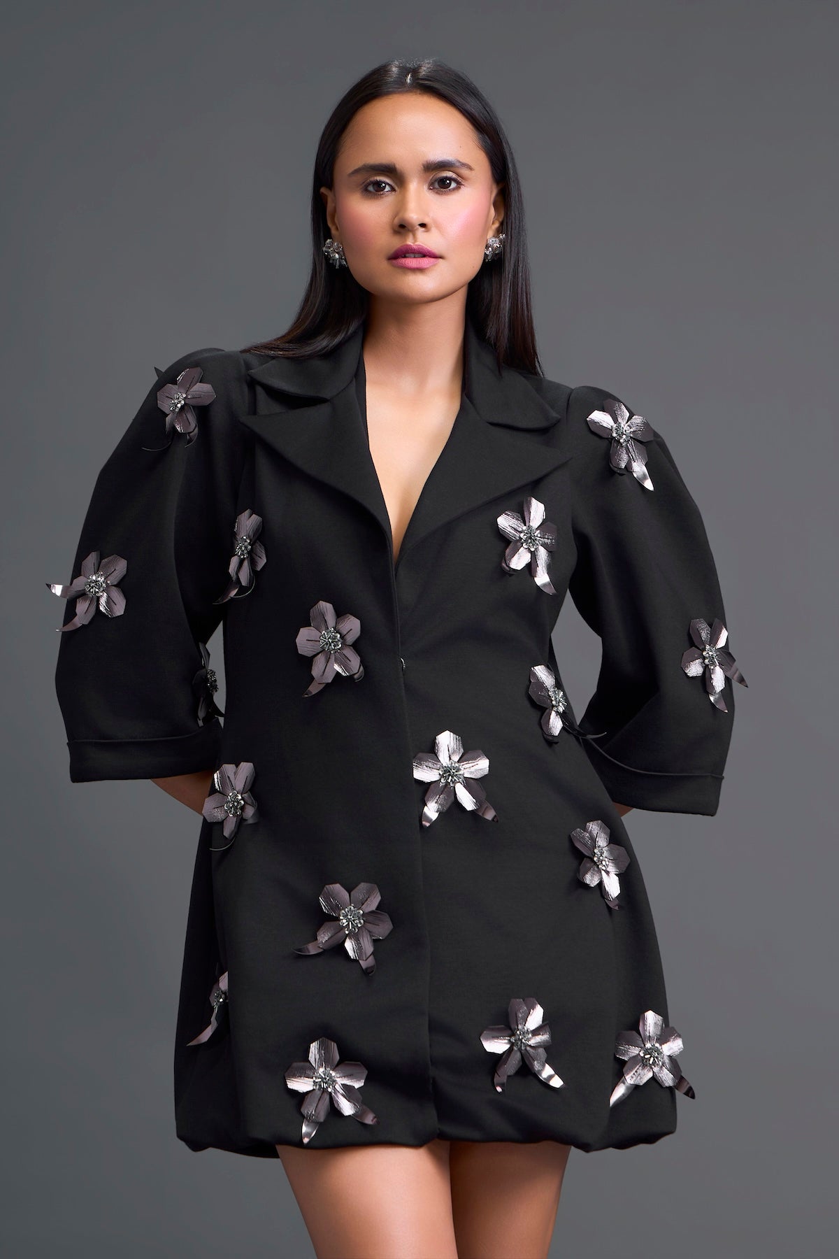 Black 3D Floral Blazer Dress