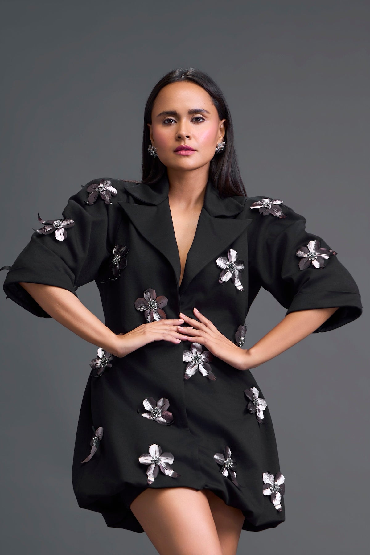 Black 3D Floral Blazer Dress