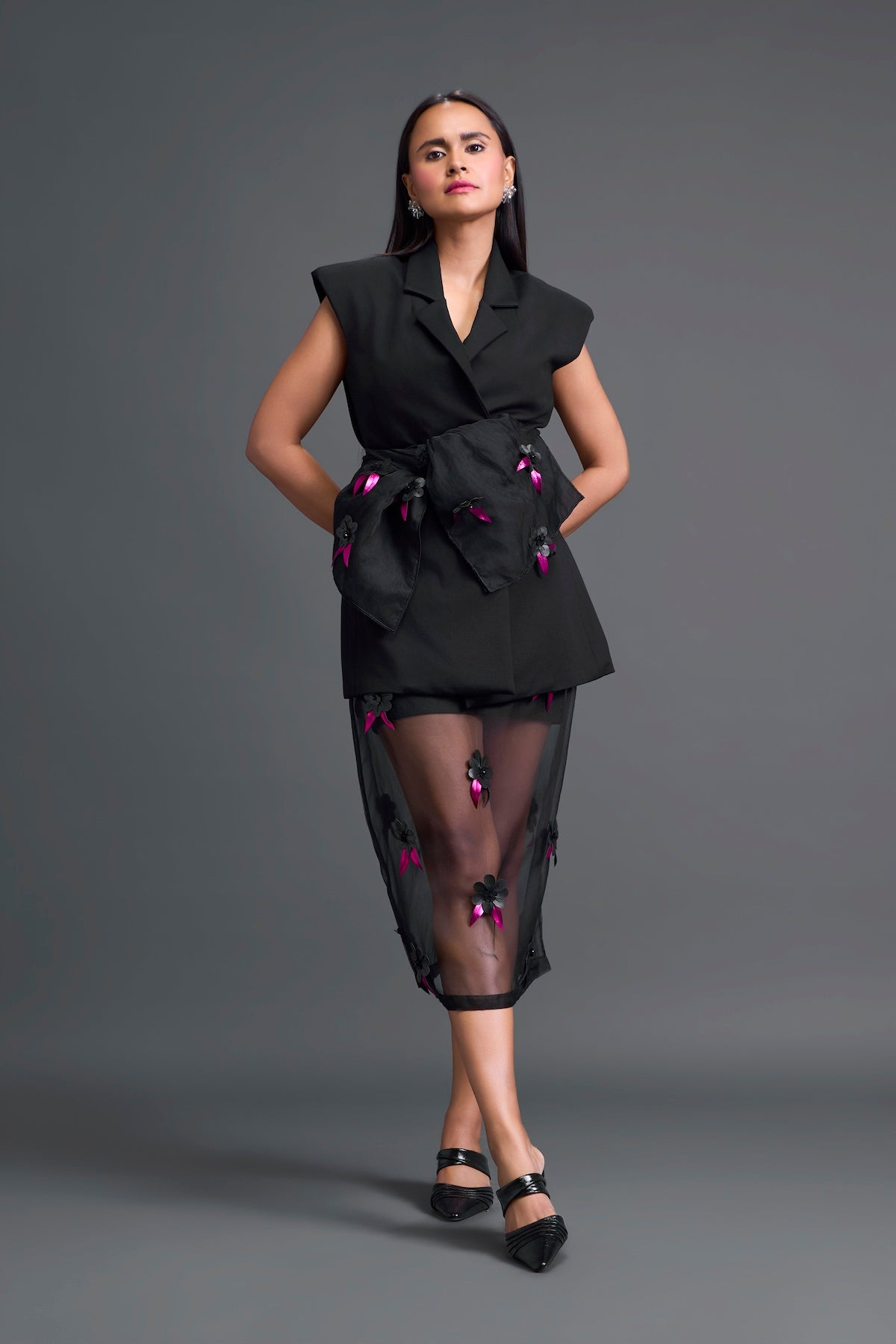 Black Sleeveless Blazer and Floral Organza Skirt Set