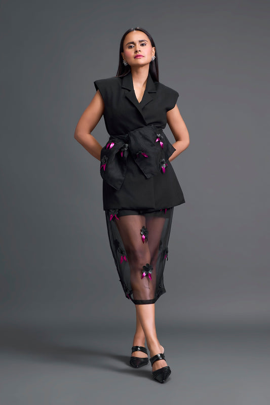 Black Sleeveless Blazer and Floral Organza Skirt Set