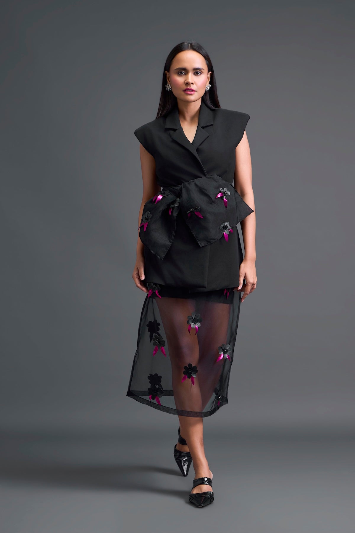 Black Sleeveless Blazer and Floral Organza Skirt Set
