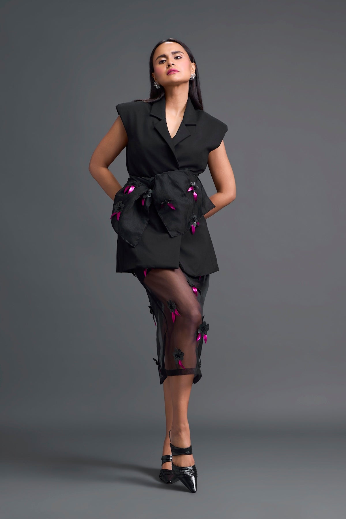 Black Sleeveless Blazer and Floral Organza Skirt Set