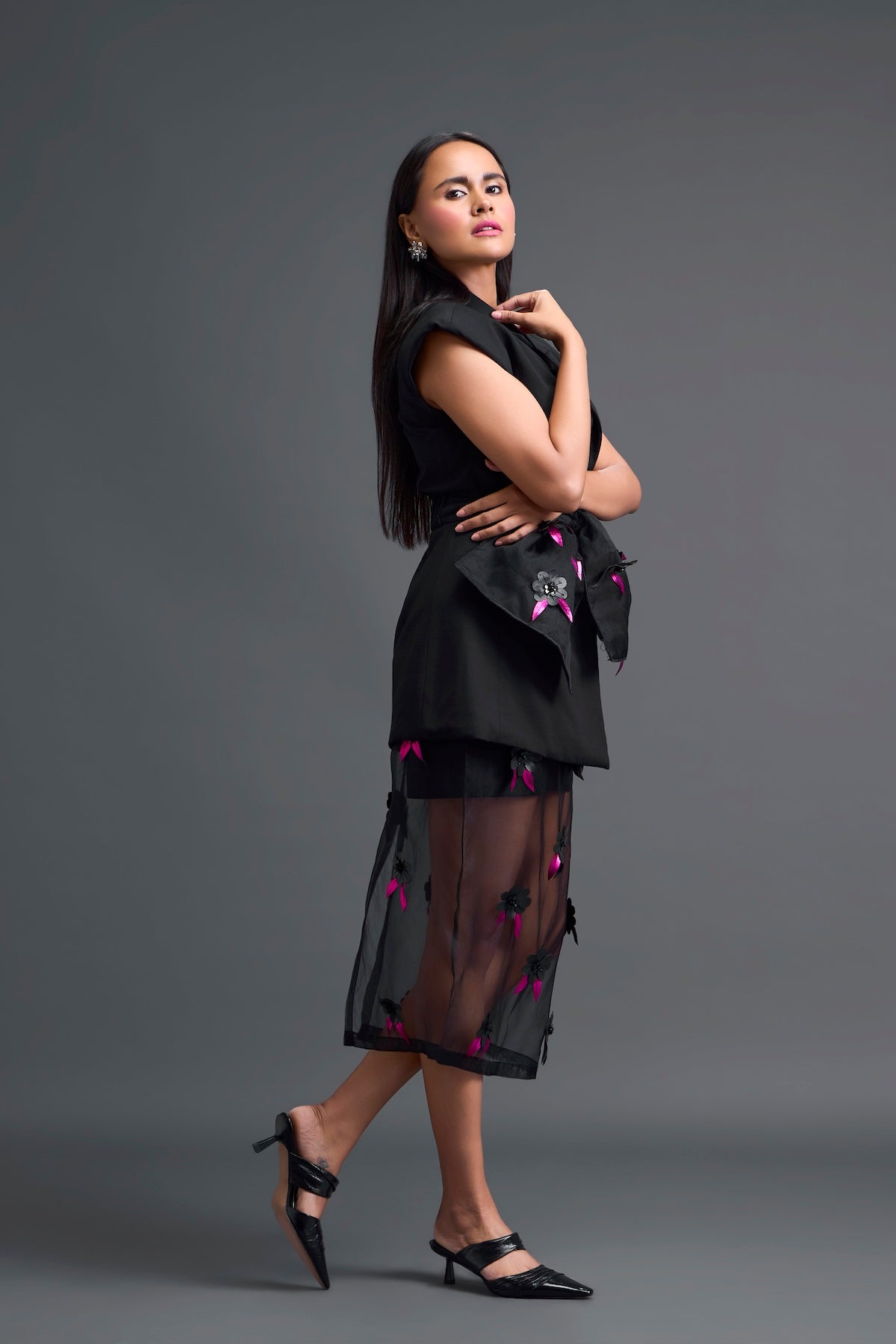 Black Sleeveless Blazer and Floral Organza Skirt Set