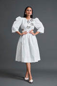 Load image into Gallery viewer, White Open-Back Floral Puff Sleeve Midi Dress
