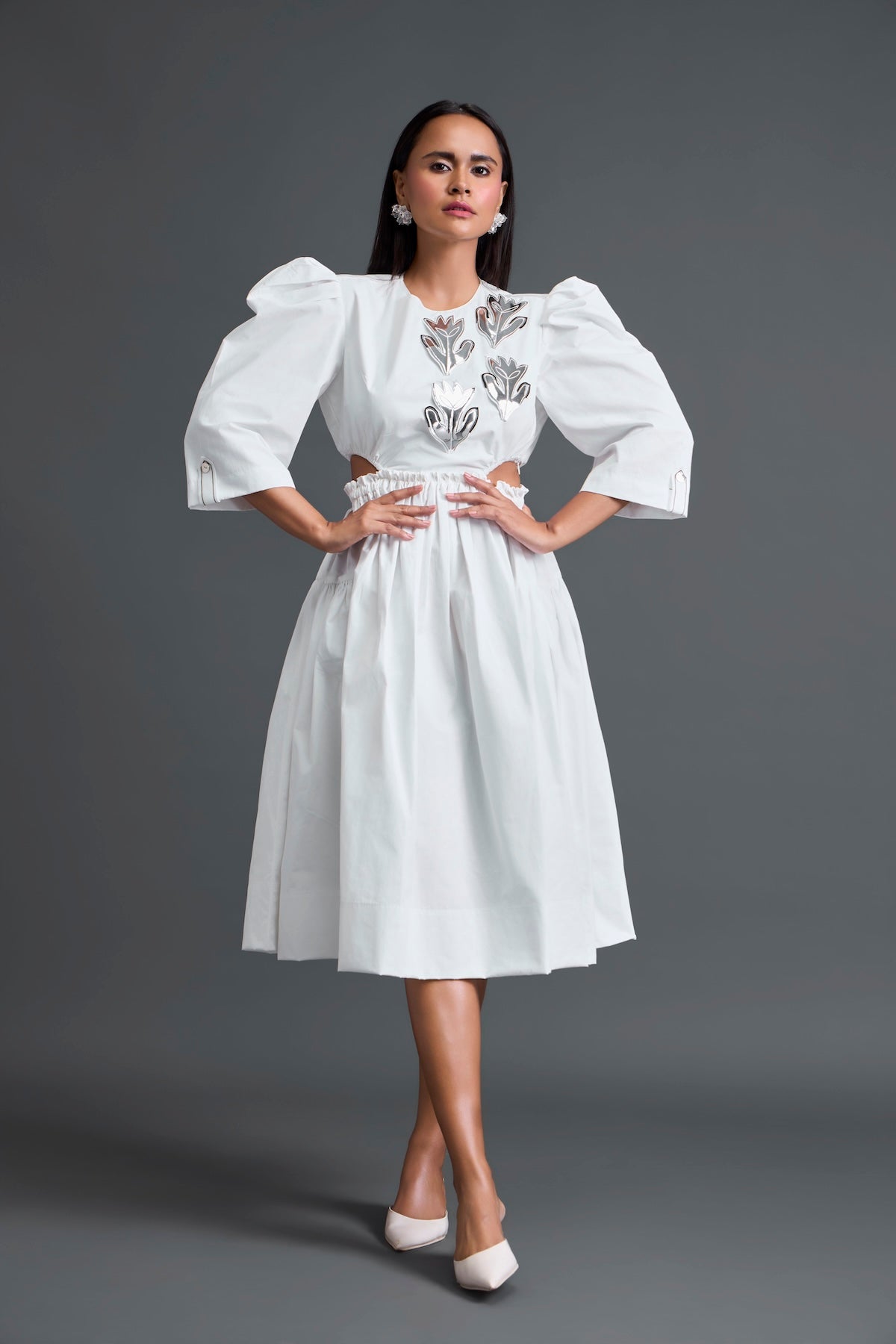 White Open-Back Floral Puff Sleeve Midi Dress