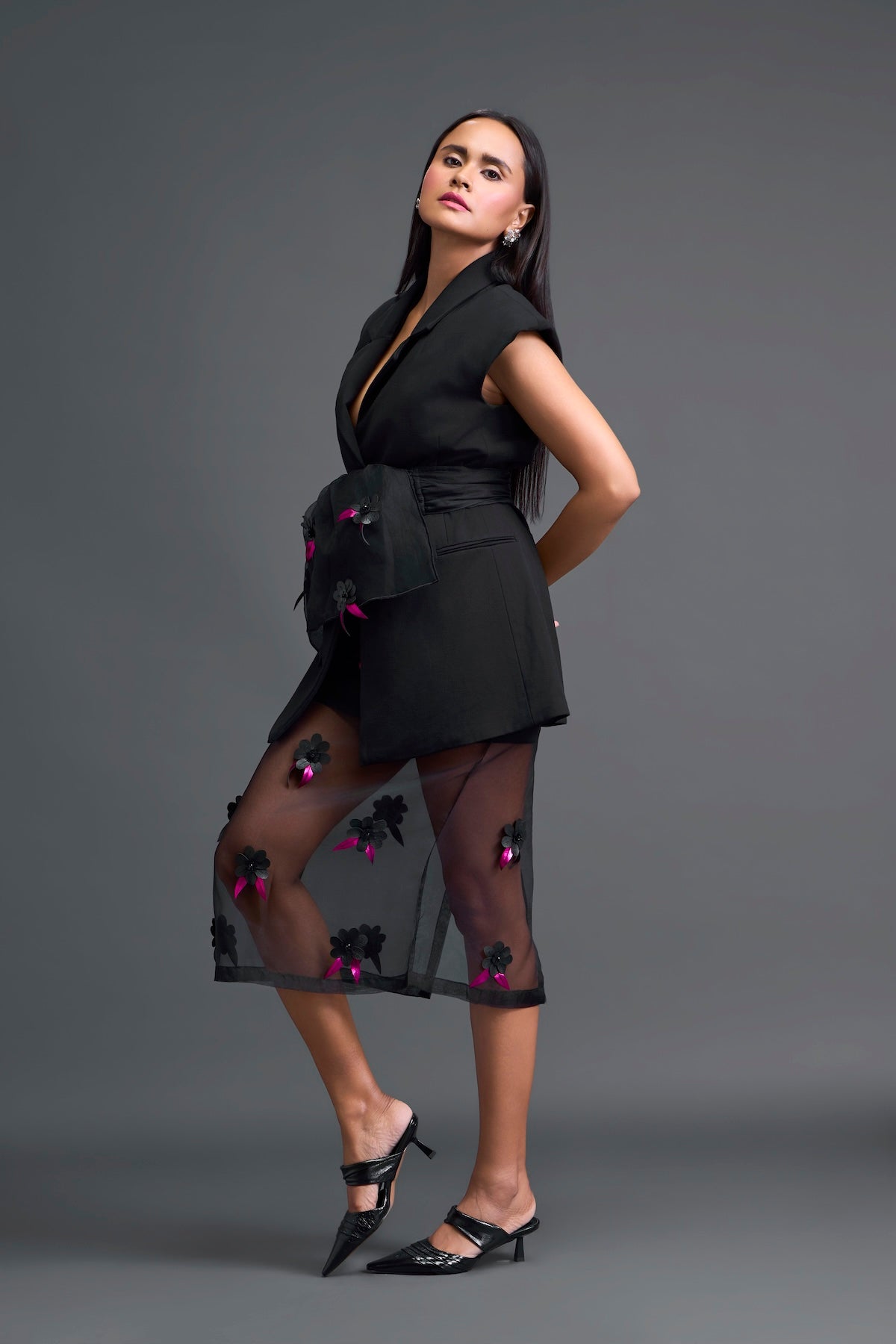 Black Sleeveless Blazer and Floral Organza Skirt Set
