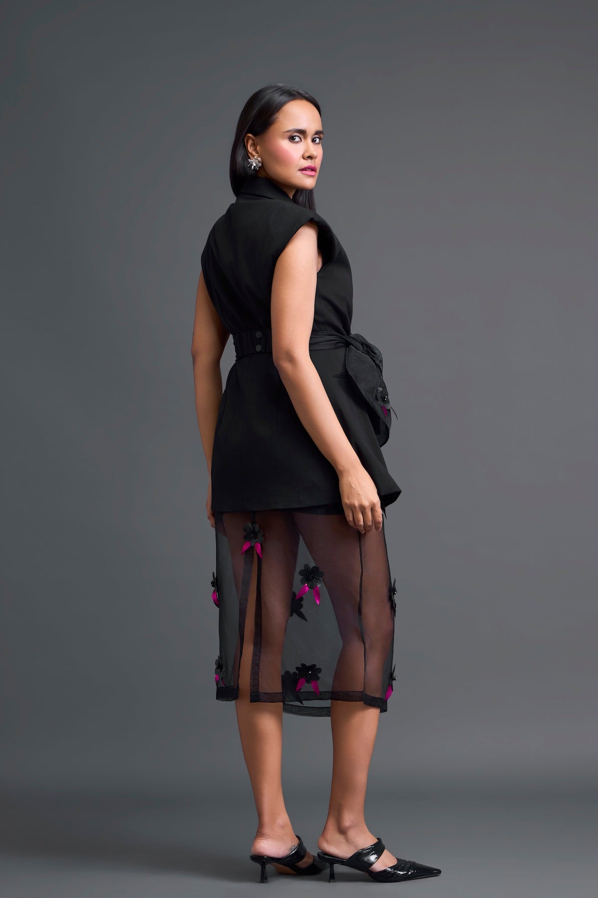 Black Sleeveless Blazer and Floral Organza Skirt Set