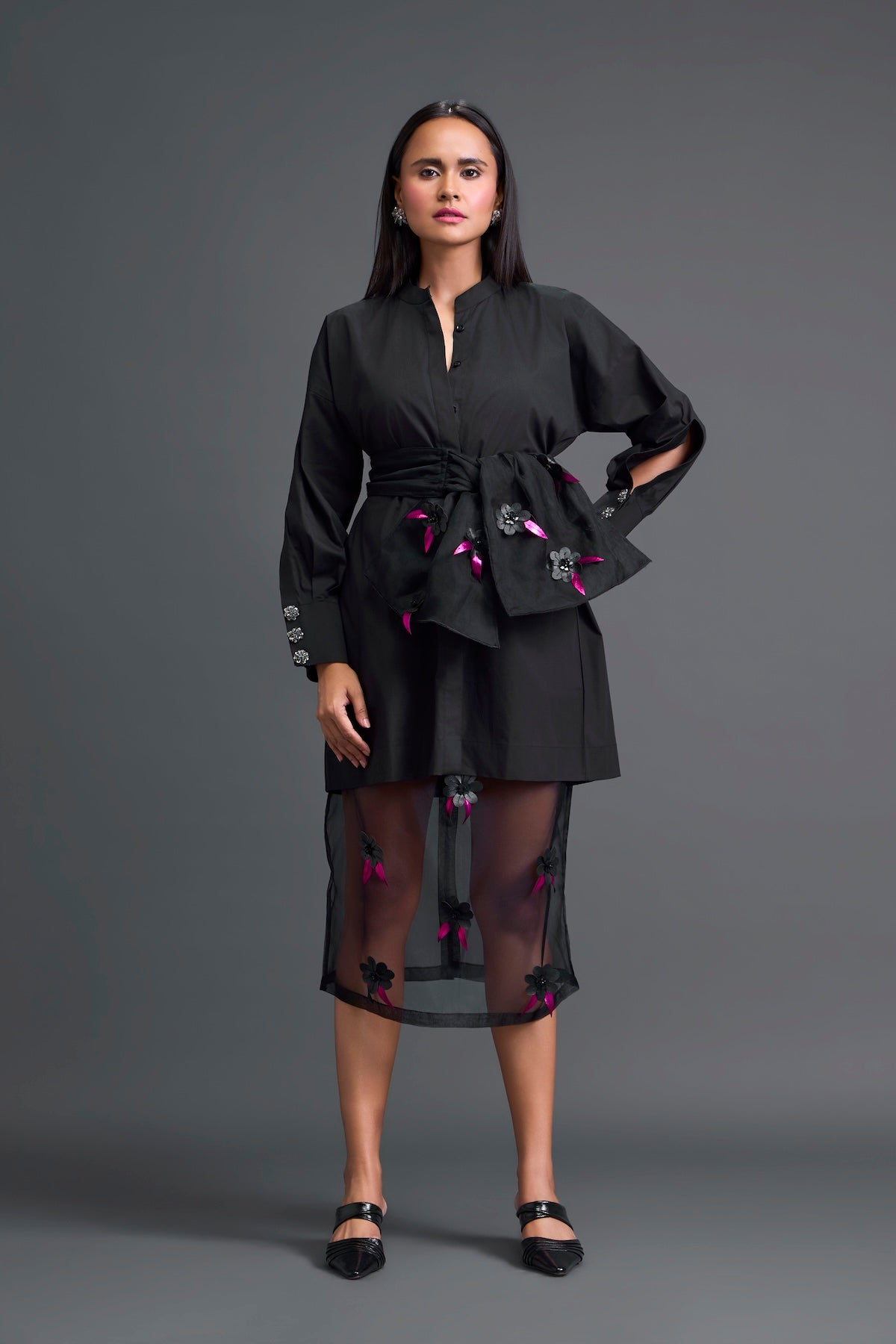 Black Bow-Belt Shirt Dress and Floral Organza Skirt