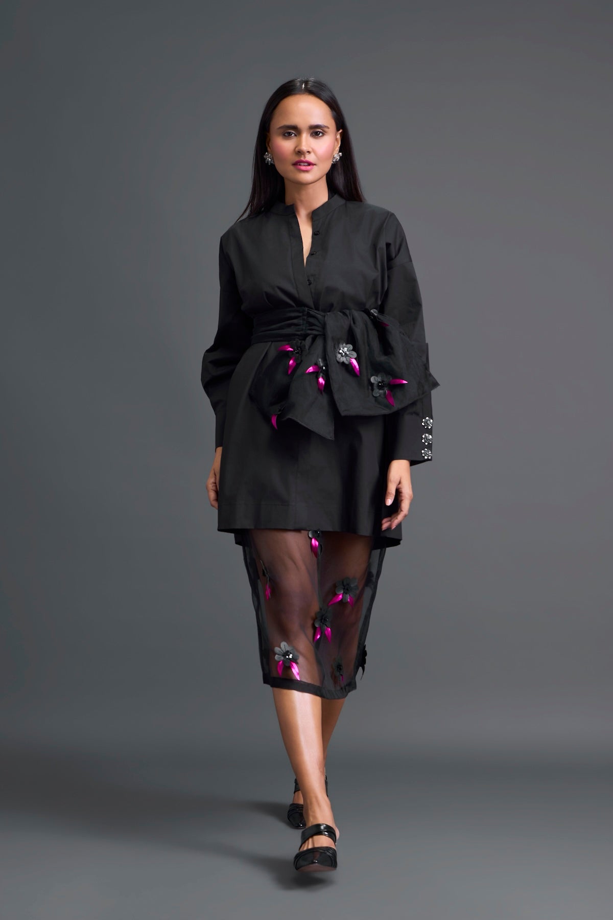 Black Bow-Belt Shirt Dress and Floral Organza Skirt