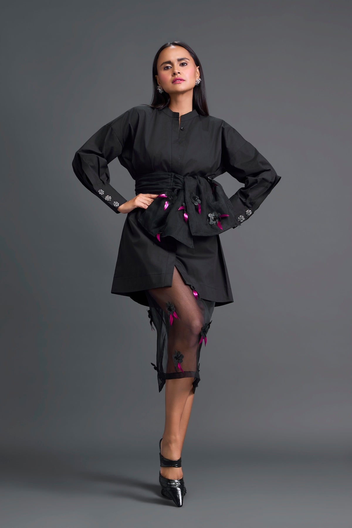 Black Bow-Belt Shirt Dress and Floral Organza Skirt