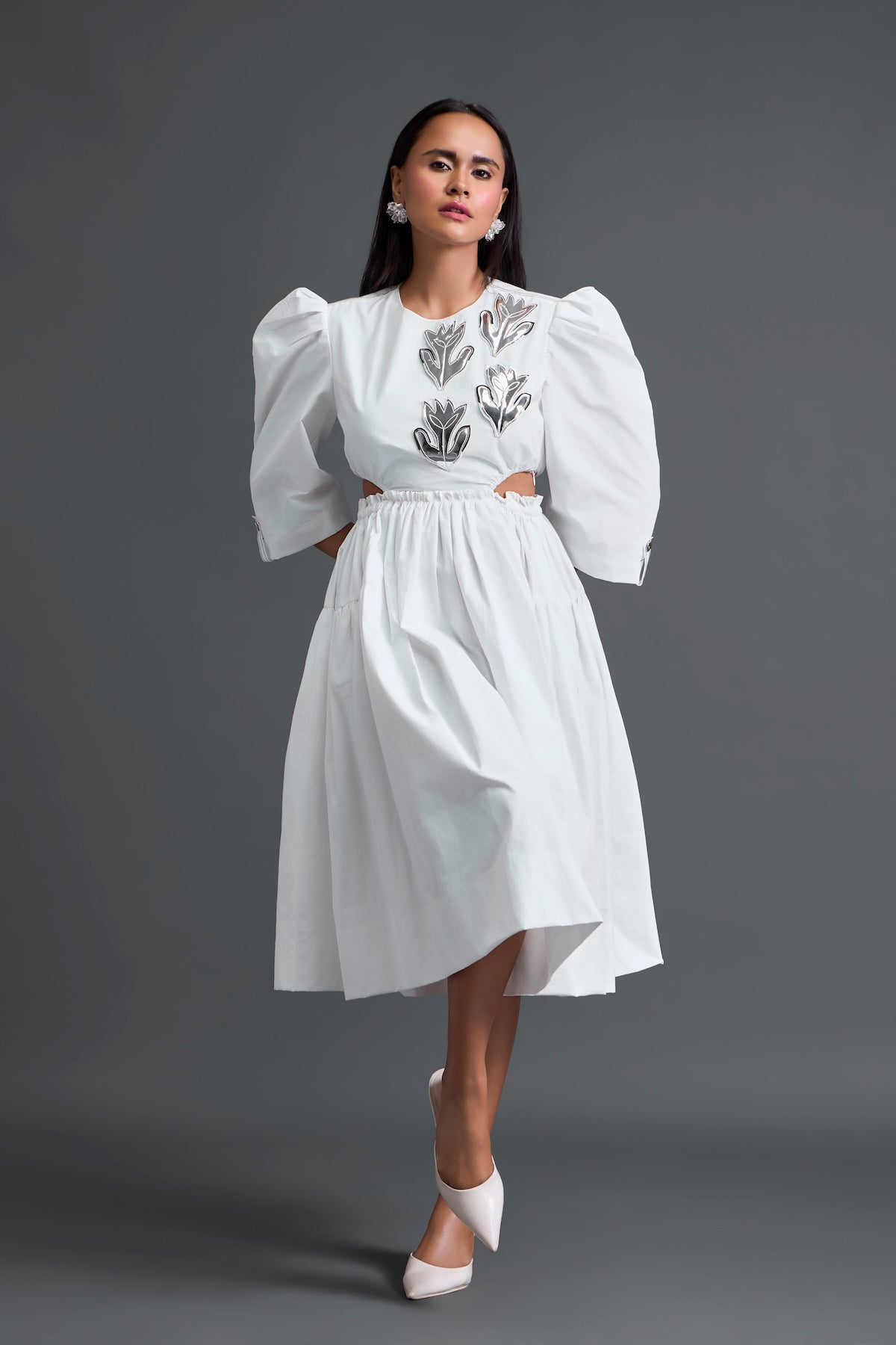 White Open-Back Floral Puff Sleeve Midi Dress