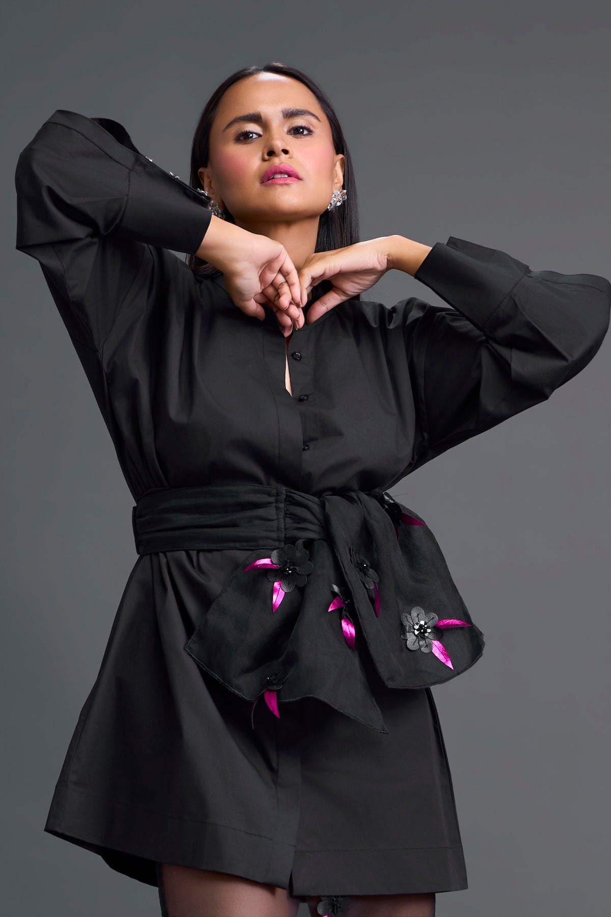 Black Bow-Belt Shirt Dress and Floral Organza Skirt