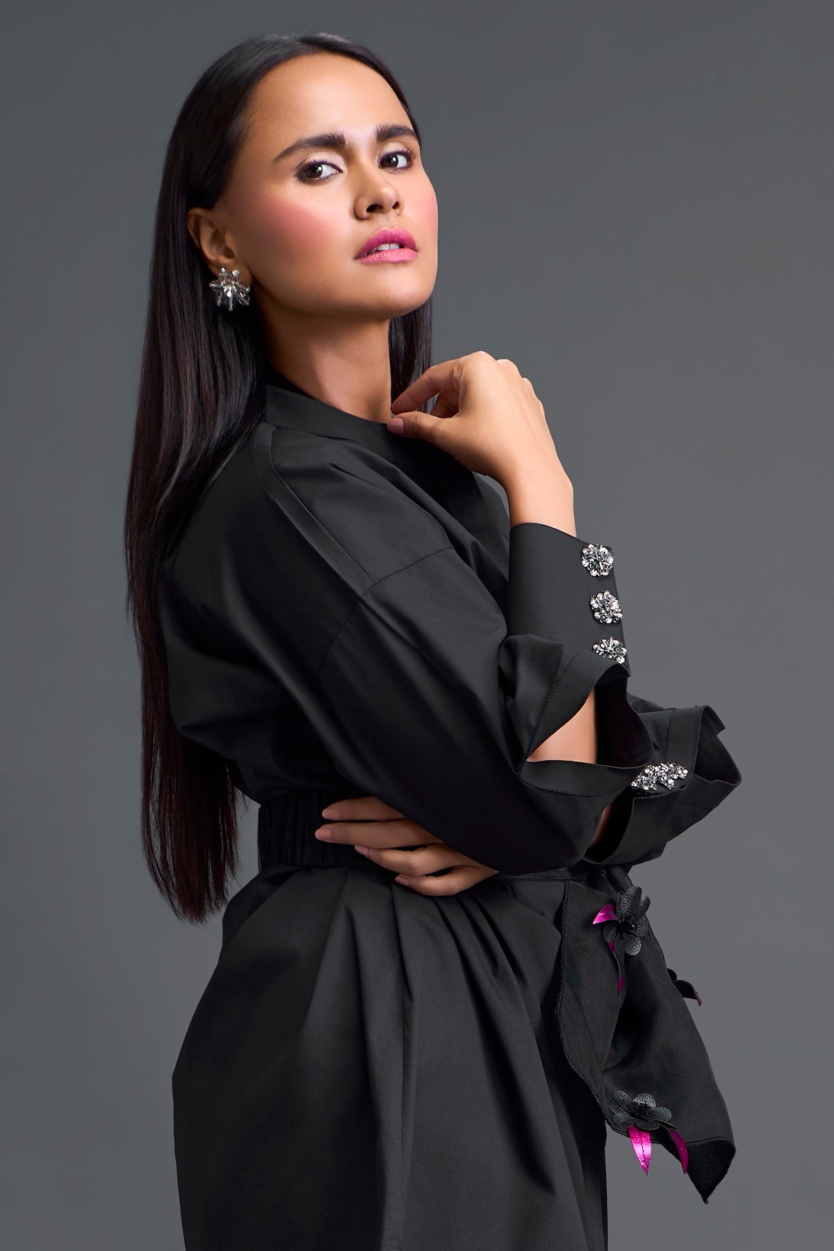 Black Bow-Belt Shirt Dress and Floral Organza Skirt