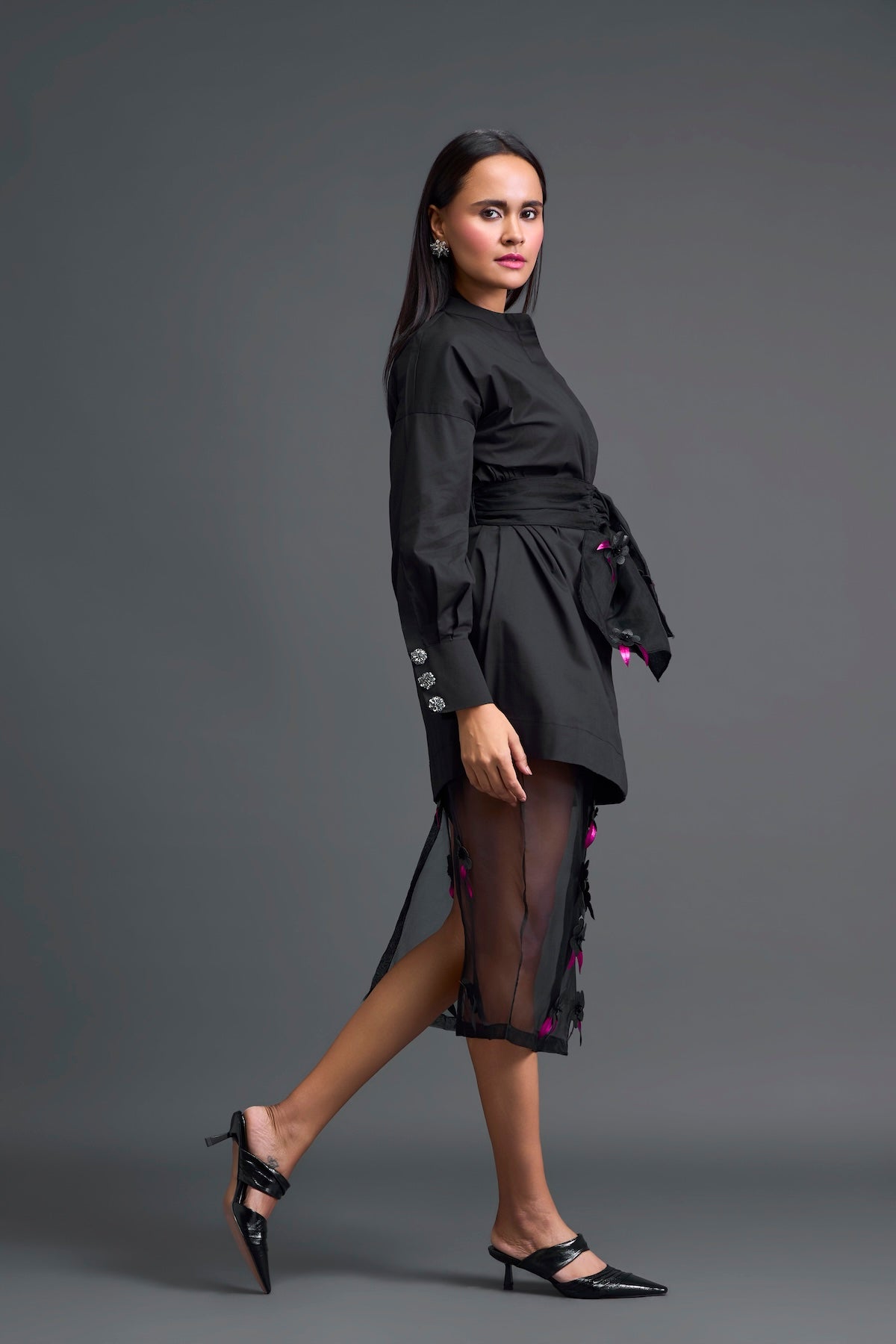 Black Bow-Belt Shirt Dress and Floral Organza Skirt