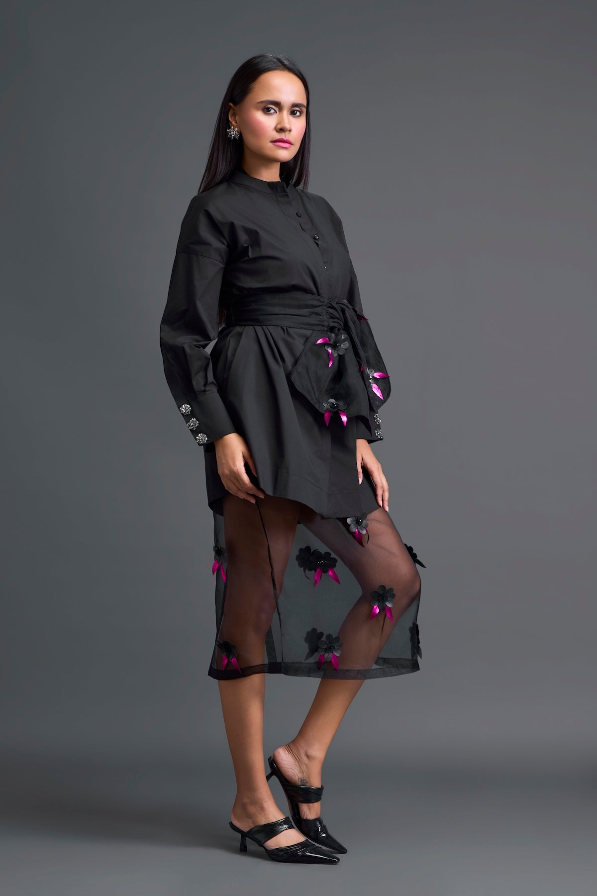 Black Bow-Belt Shirt Dress and Floral Organza Skirt