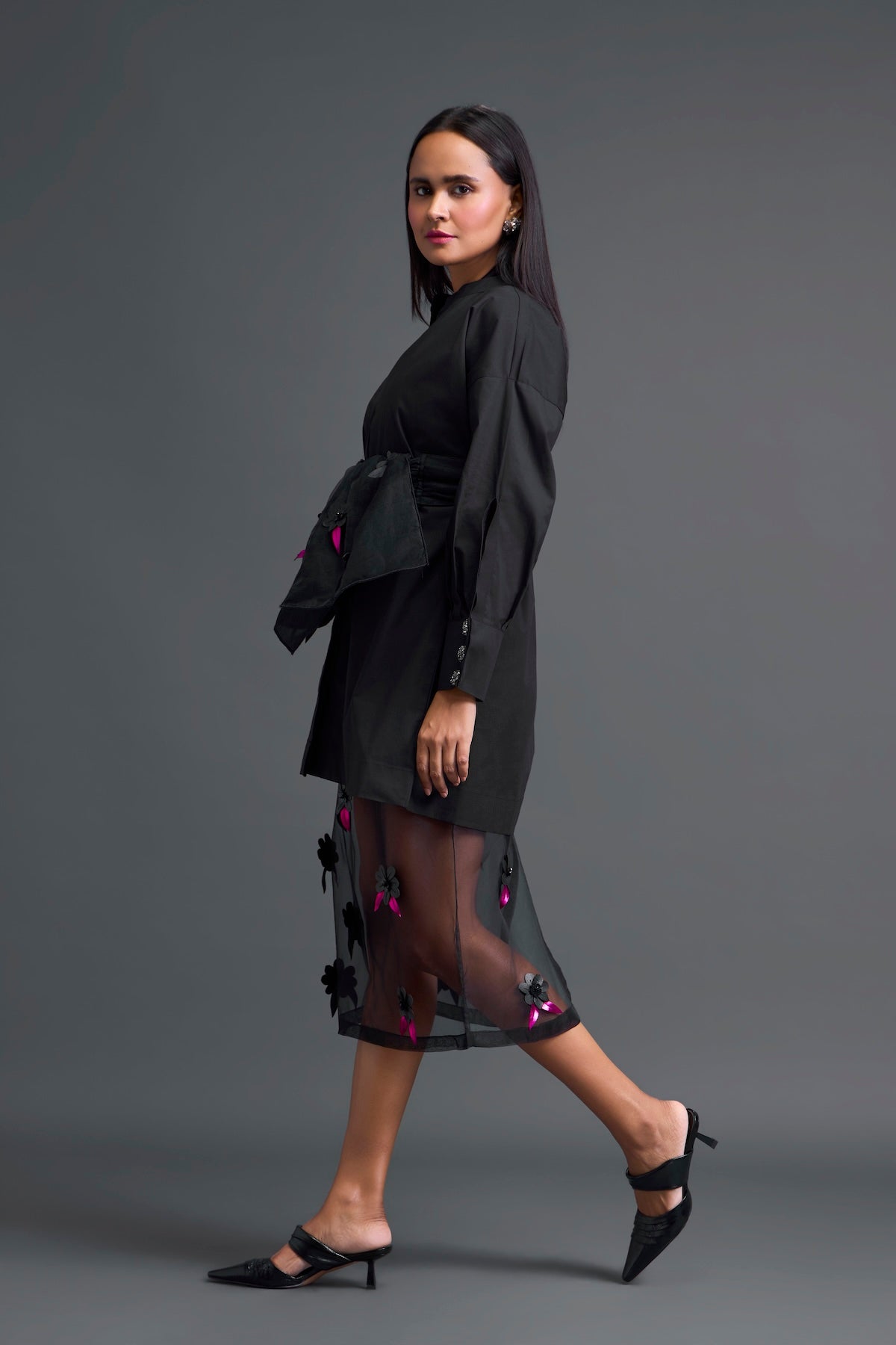 Black Bow-Belt Shirt Dress and Floral Organza Skirt