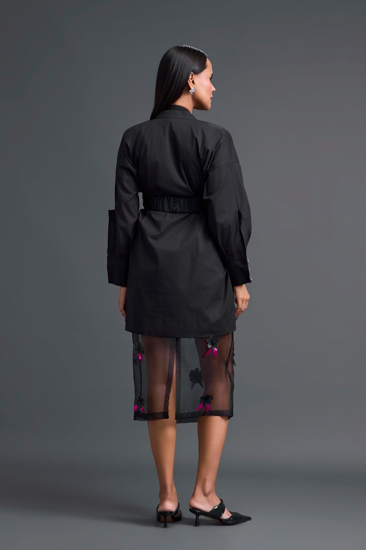 Black Bow-Belt Shirt Dress and Floral Organza Skirt