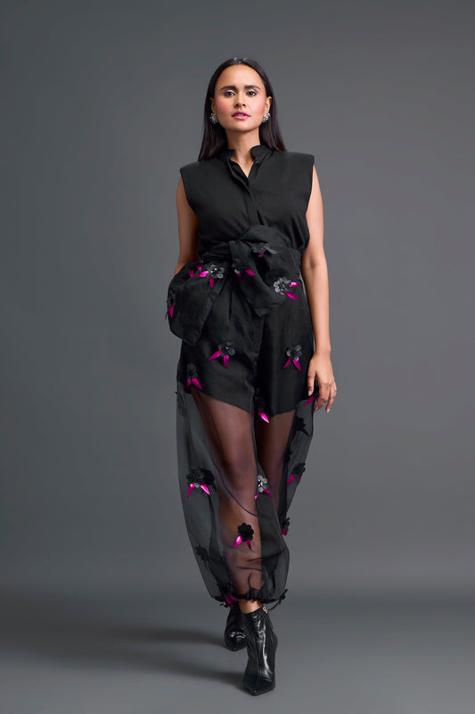 Black Floral Organza Pants with Embellished Bow Belt