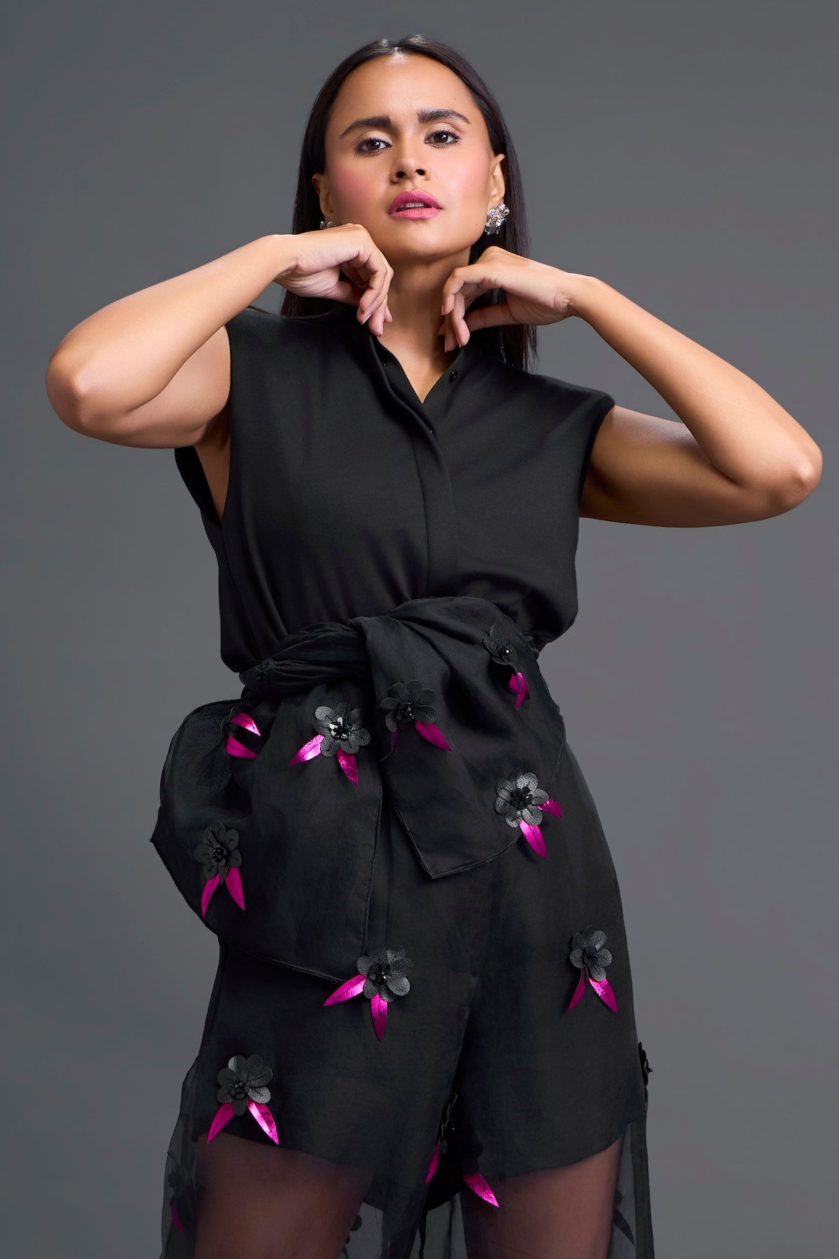 Black Floral Organza Pants with Embellished Bow Belt
