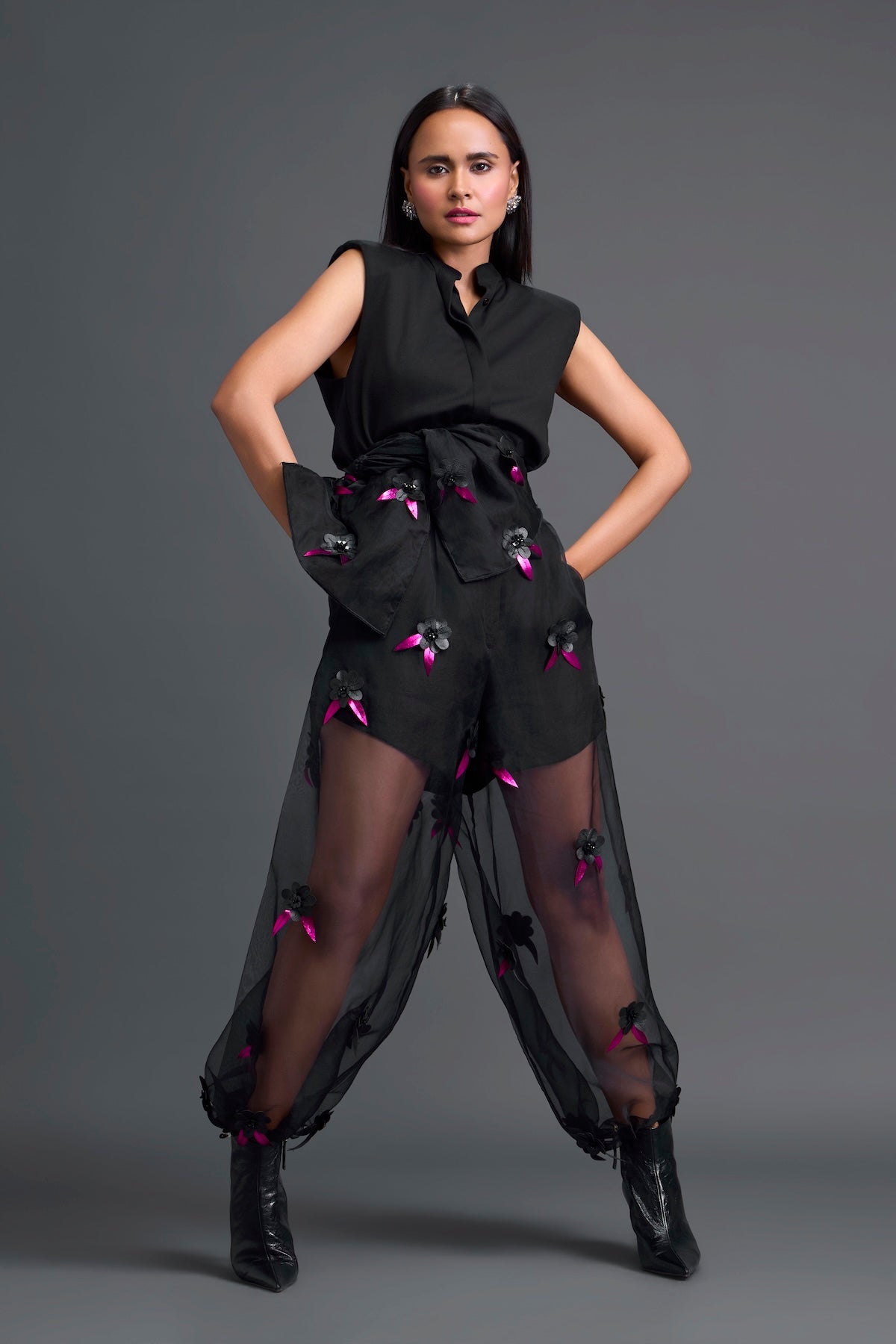 Black Floral Organza Pants with Embellished Bow Belt