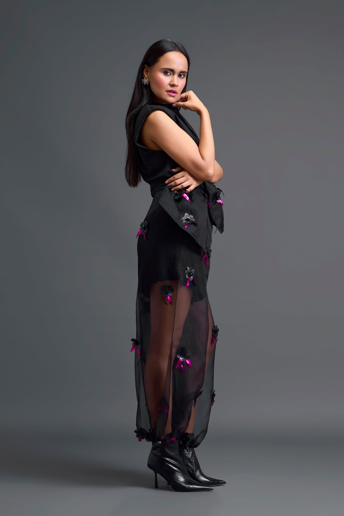 Black Floral Organza Pants with Embellished Bow Belt