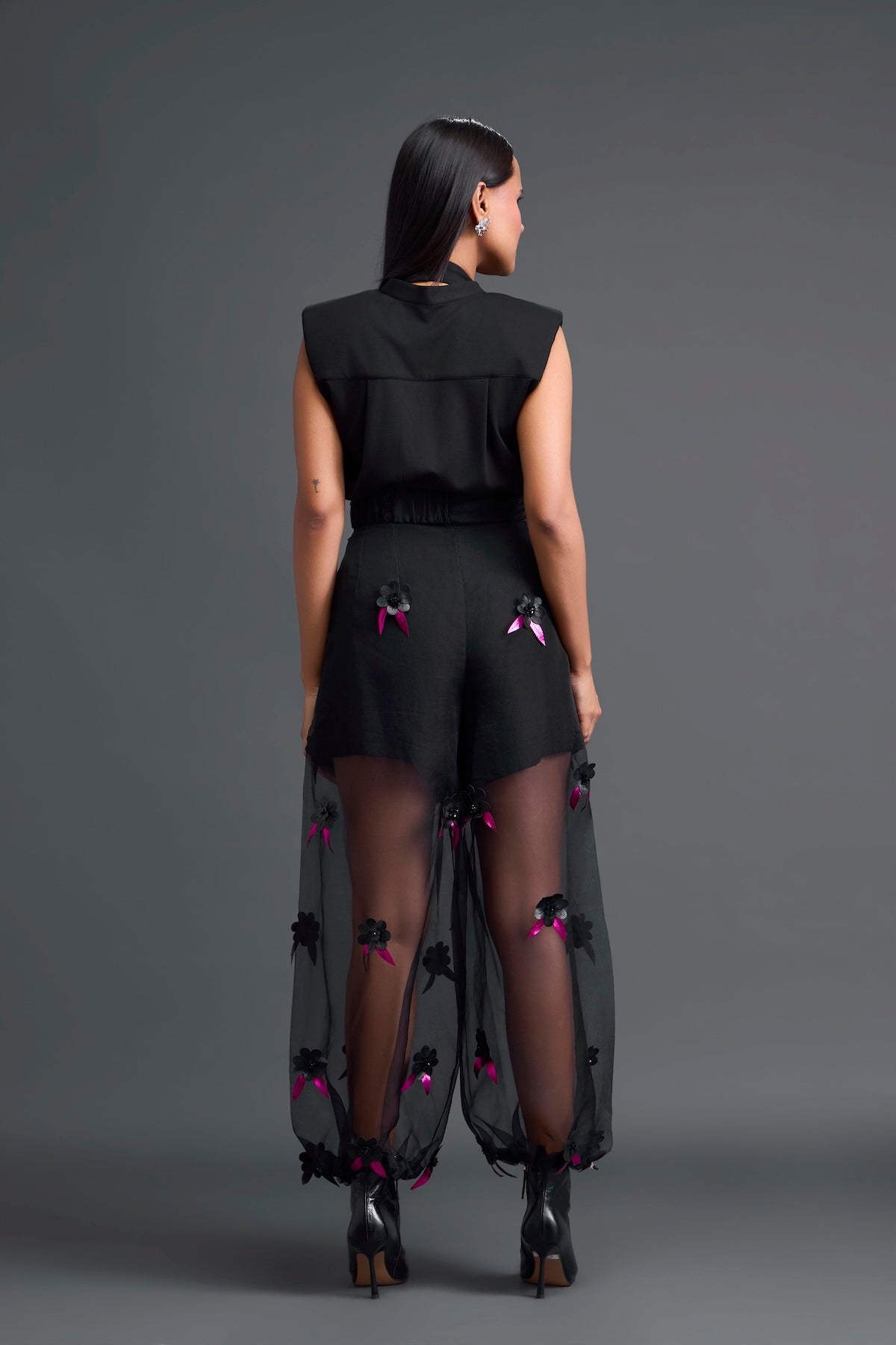 Black Floral Organza Pants with Embellished Bow Belt