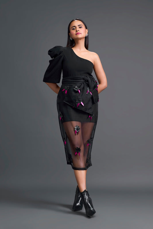 Black 3D Floral Organza Skirt with Pink Accents