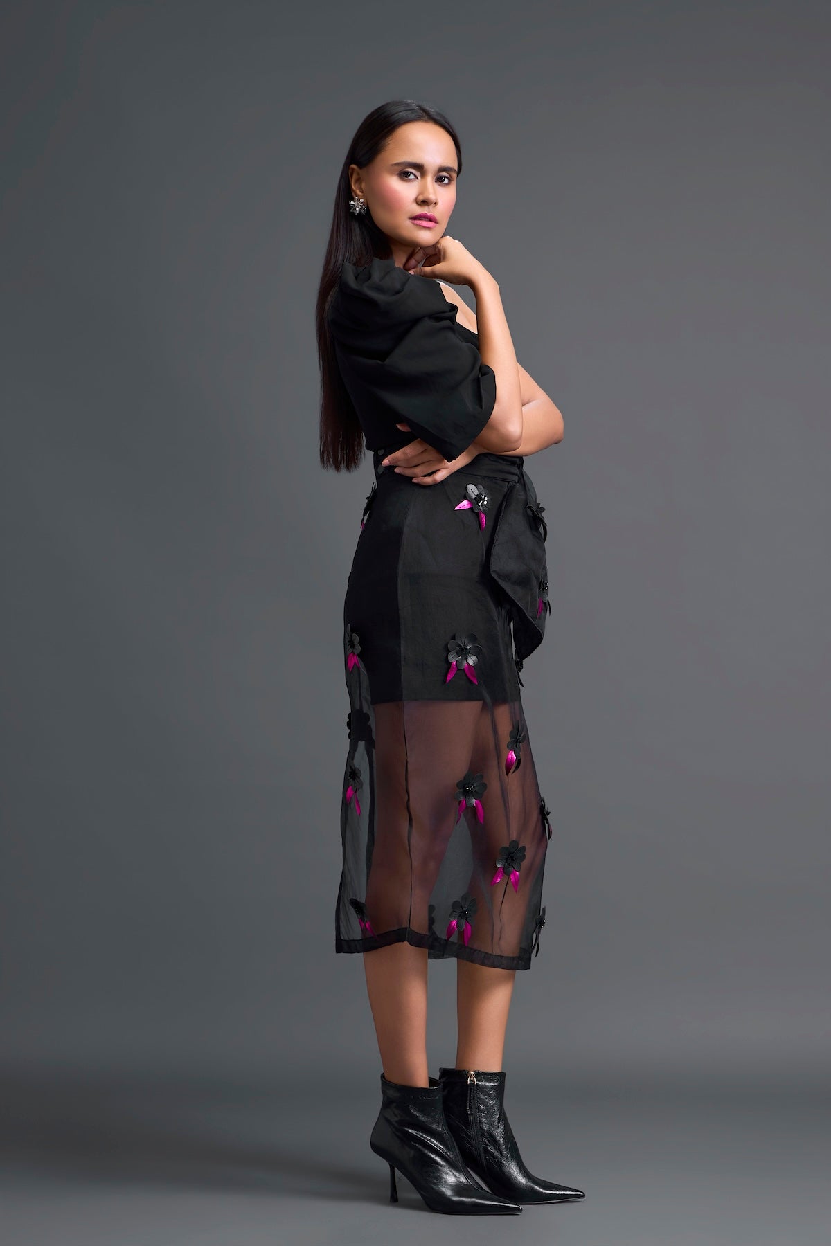 Black 3D Floral Organza Skirt with Pink Accents