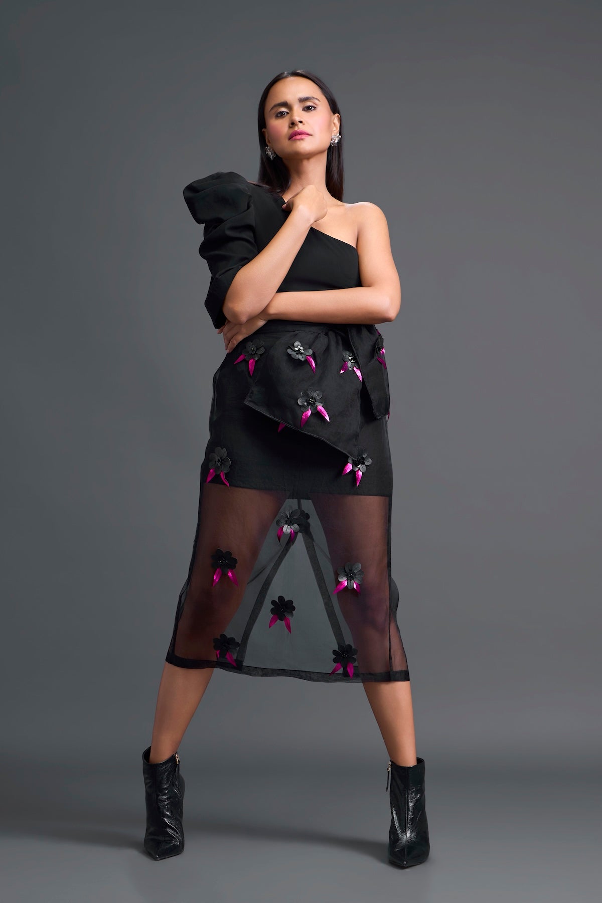 Black 3D Floral Organza Skirt with Pink Accents