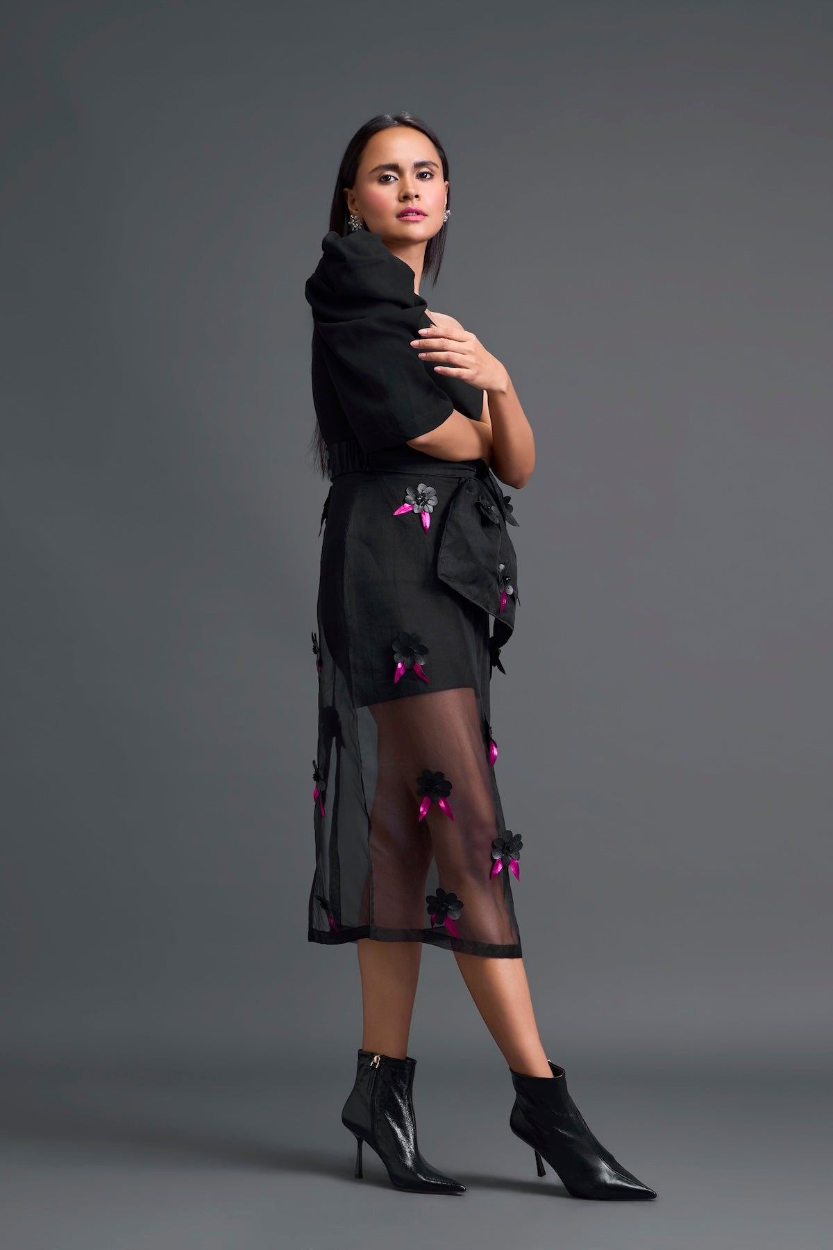 Black 3D Floral Organza Skirt with Pink Accents