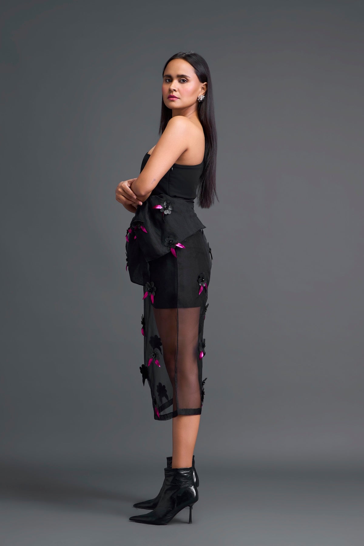 Black 3D Floral Organza Skirt with Pink Accents