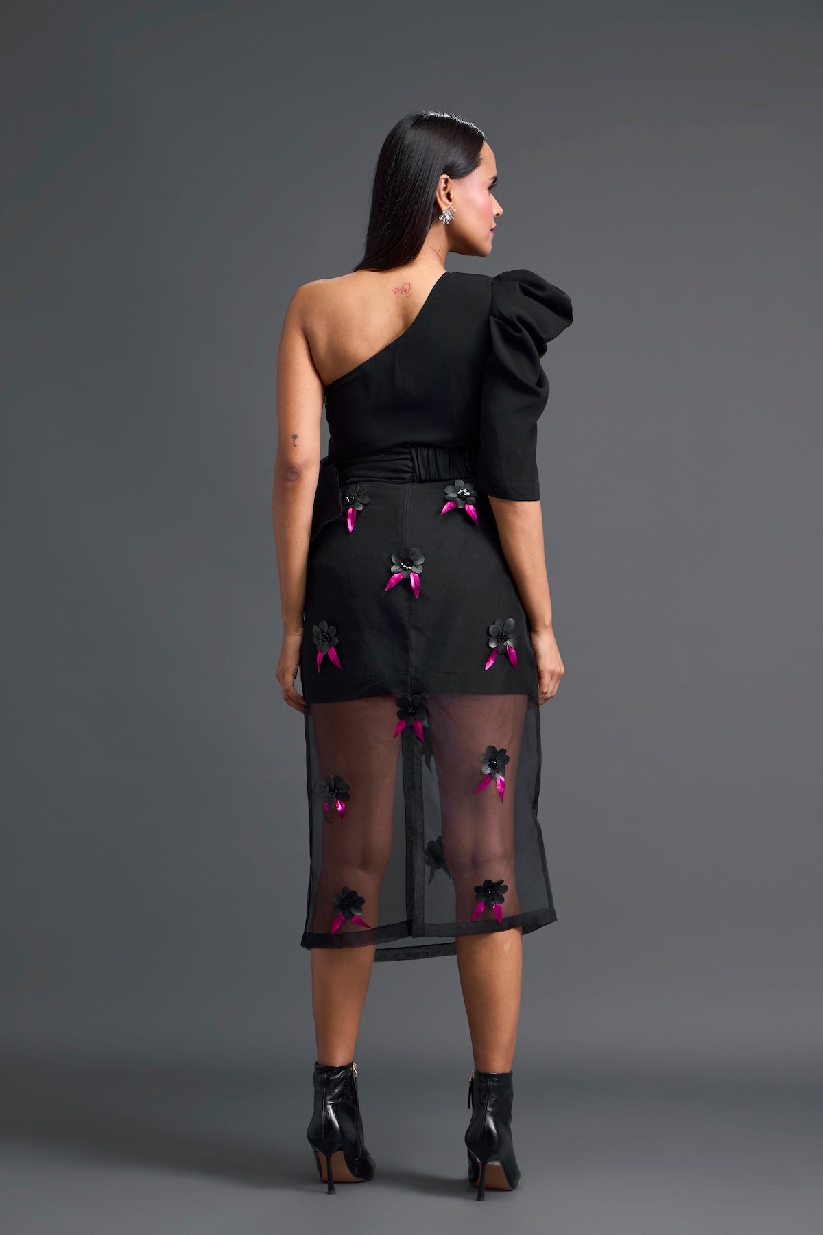 Black 3D Floral Organza Skirt with Pink Accents