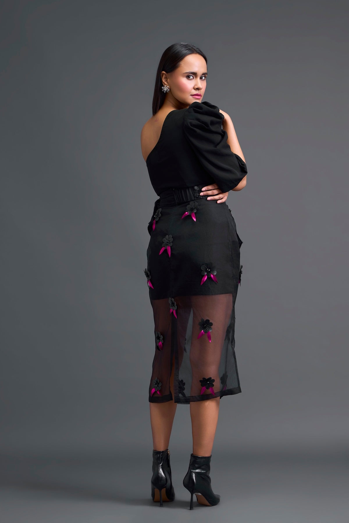 Black 3D Floral Organza Skirt with Pink Accents