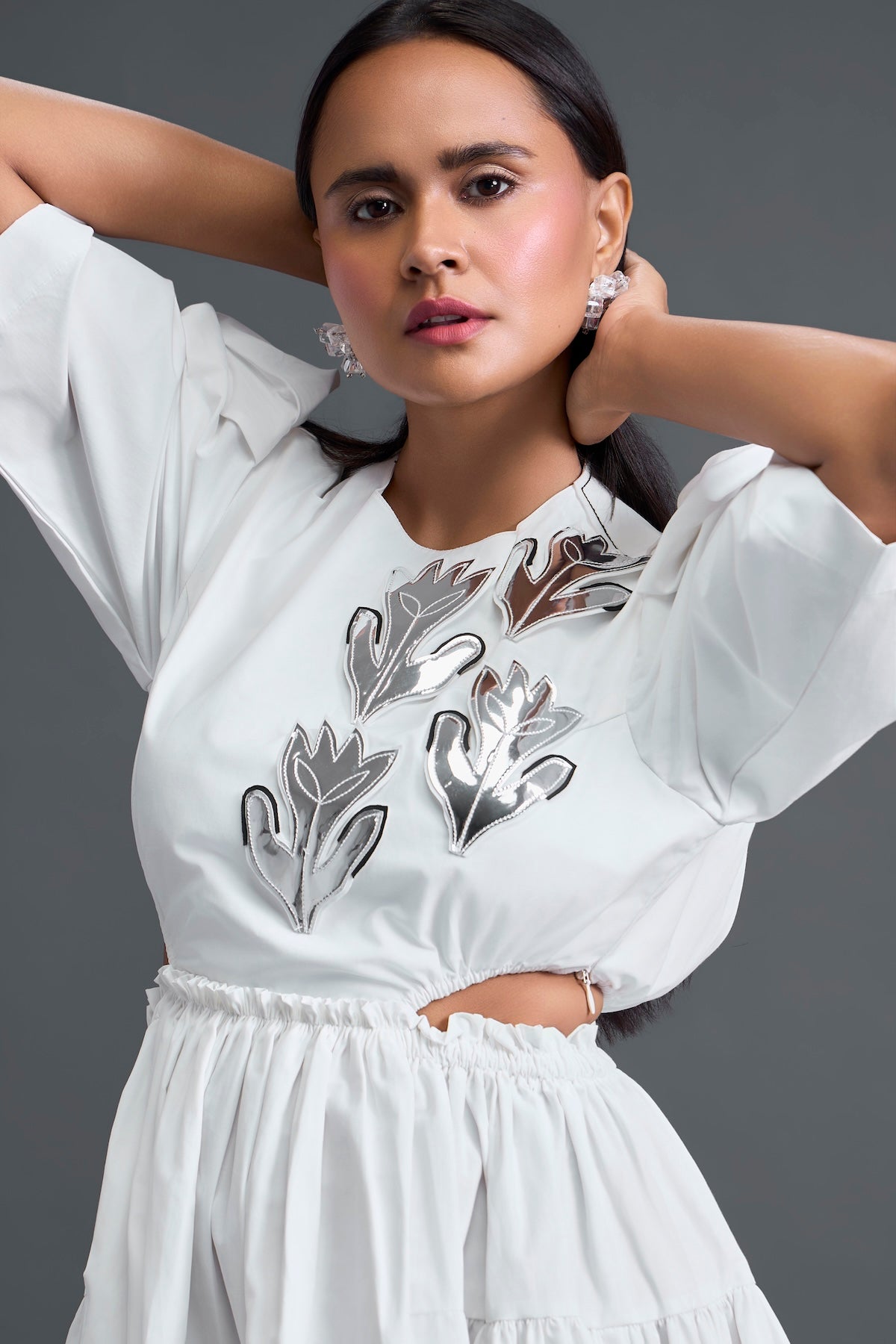 White Open-Back Floral Puff Sleeve Midi Dress