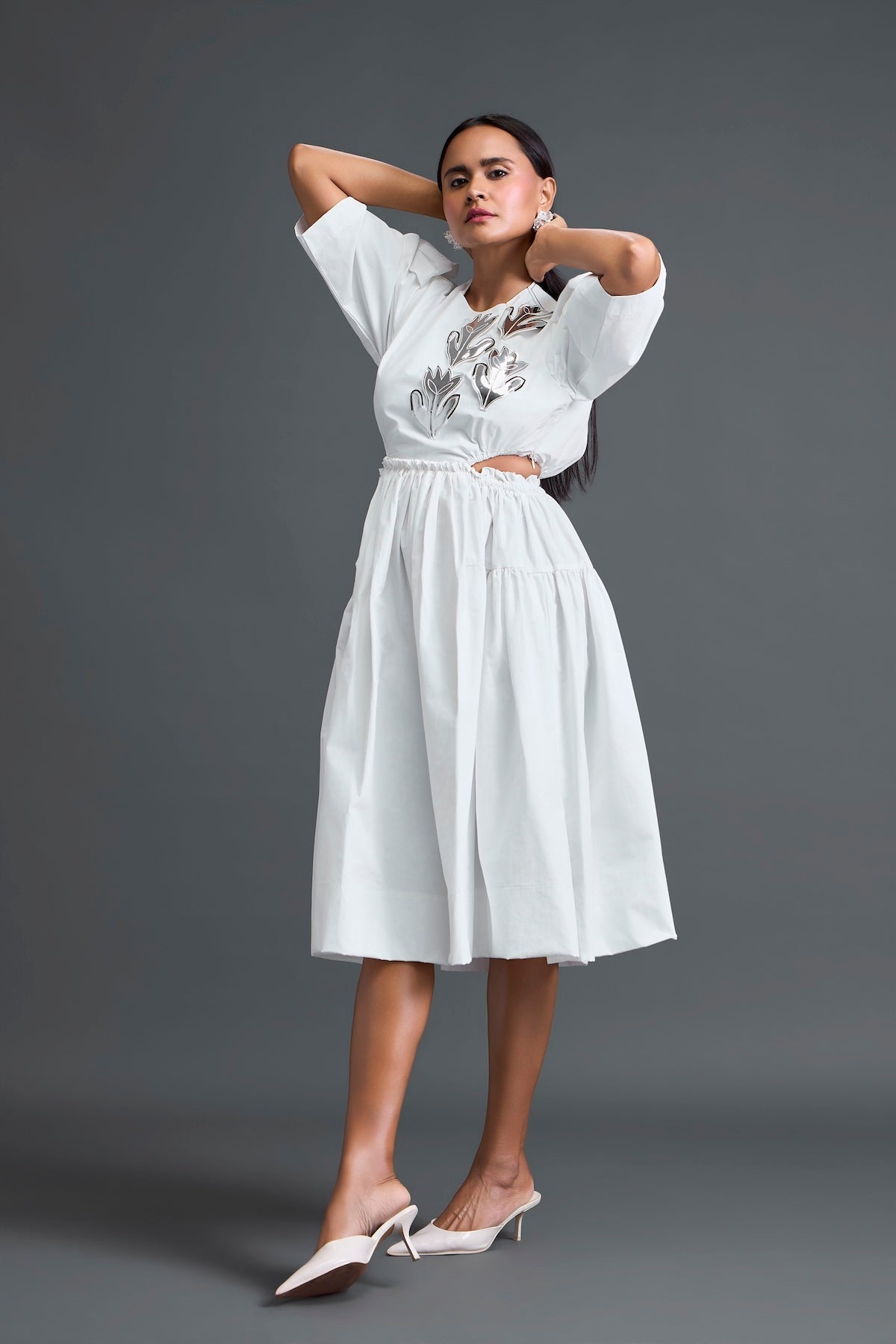 White Open-Back Floral Puff Sleeve Midi Dress