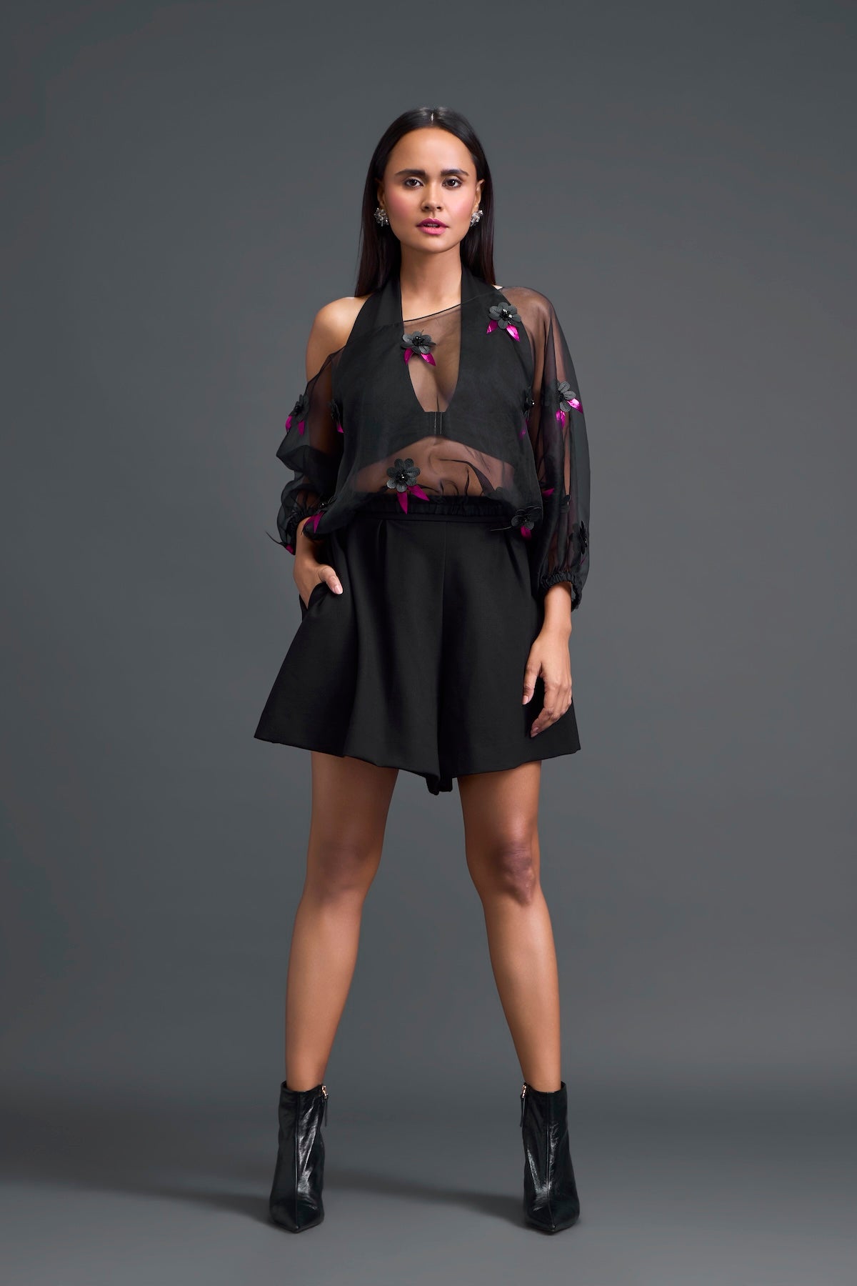 Black Off-Shoulder Floral Organza Shirt and Shorts Set