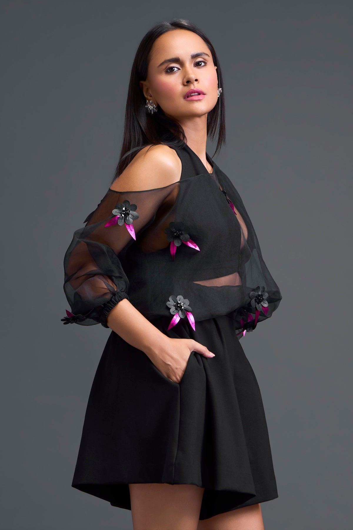 Black Off-Shoulder Floral Organza Layered Top
